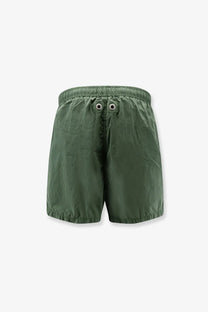 Stone island men’s nylon swim trunks in olive green with elastic waistband and silver drawstring eyelets