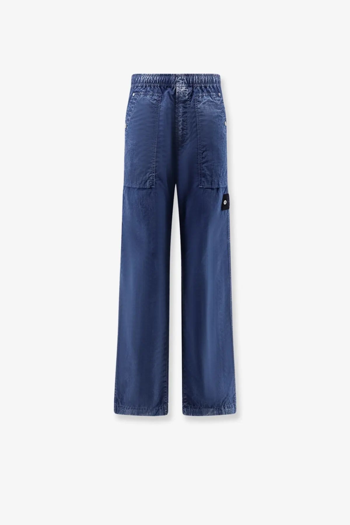 Stone island men’s blue nylon trousers with elastic waistband and flap cargo pockets in denim style
