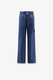 Stone island men’s blue nylon trousers with elastic waistband and flap cargo pockets in denim style