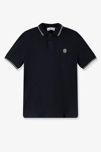Stone Island men’s black short-sleeved organic cotton polo shirt with white trim and small embroidered logo on chest