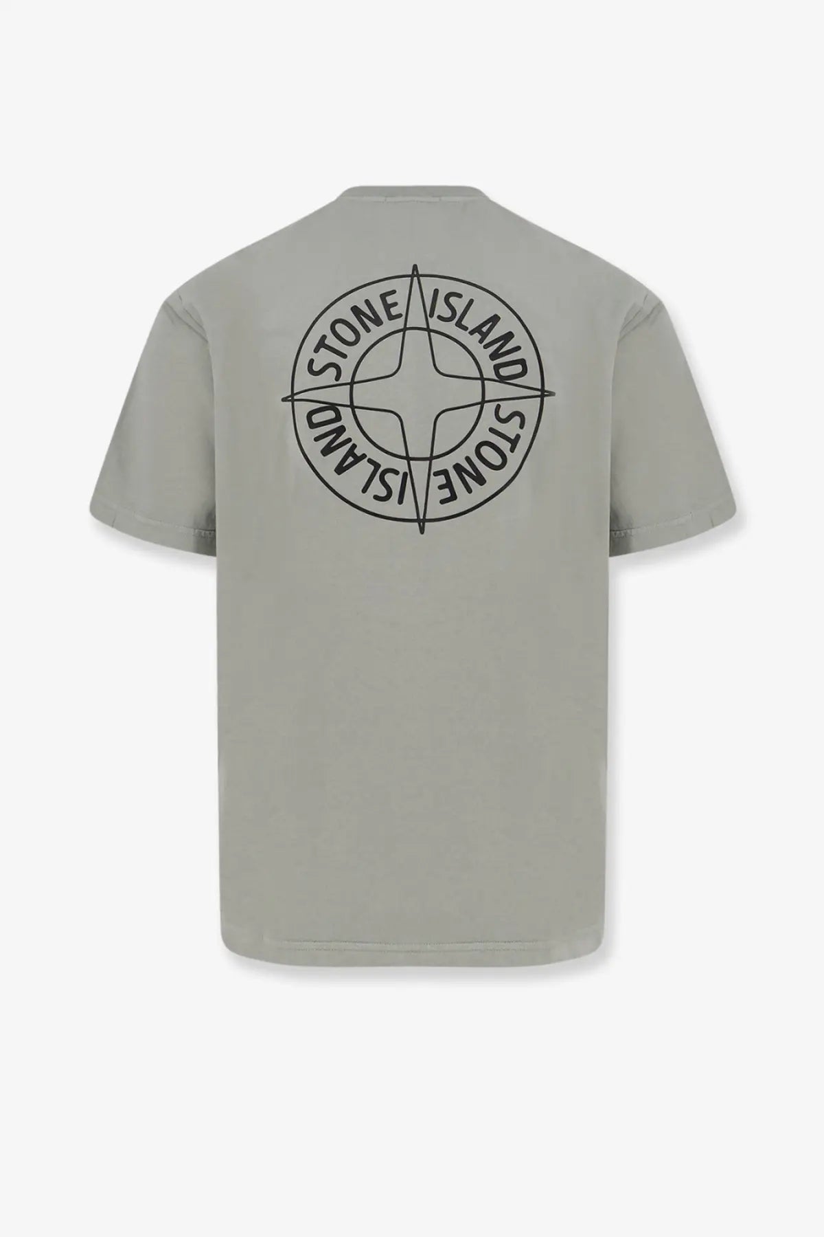 Stone Island men’s organic cotton gray t-shirt with black compass rose logo and stone island text encircling it