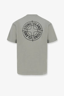 Stone Island men’s organic cotton gray t-shirt with black compass rose logo and stone island text encircling it