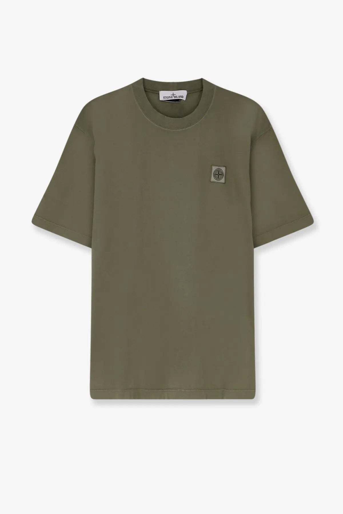 Stone island men’s organic cotton t-shirt in olive green with subtle texture and small square logo patch on left chest