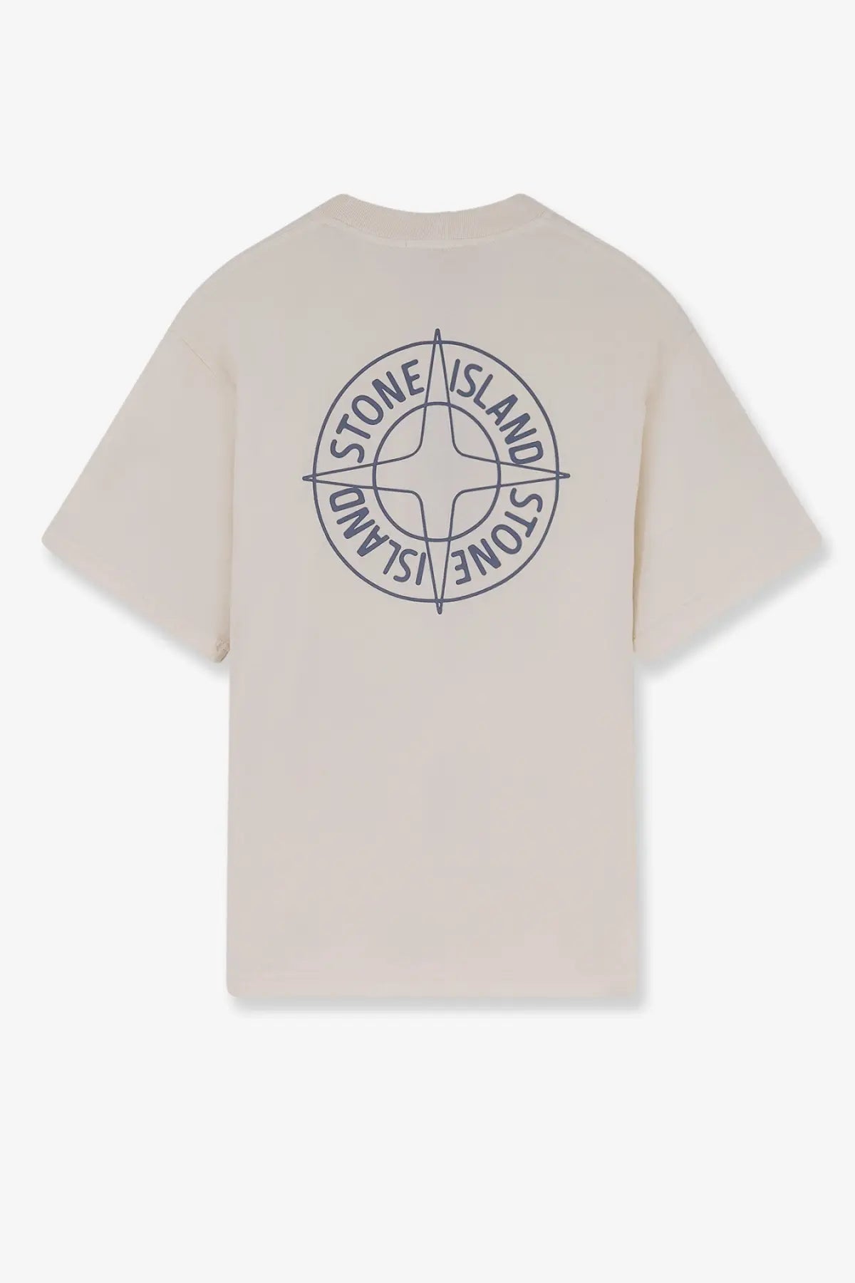 Beige stone island men’s organic cotton t-shirt white showing navy blue compass rose logo on the back
