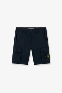 Stone island men’s organic cotton dark navy cargo shorts with yellow logo patch on lower right leg front view