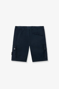 Stone Island men’s dark navy organic cotton cargo shorts with buttoned side pockets and a brand tag on left leg