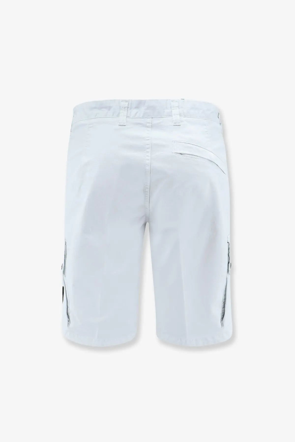 Stone island men’s organic cotton white cargo shorts with subtle gray zipper accents on the sides