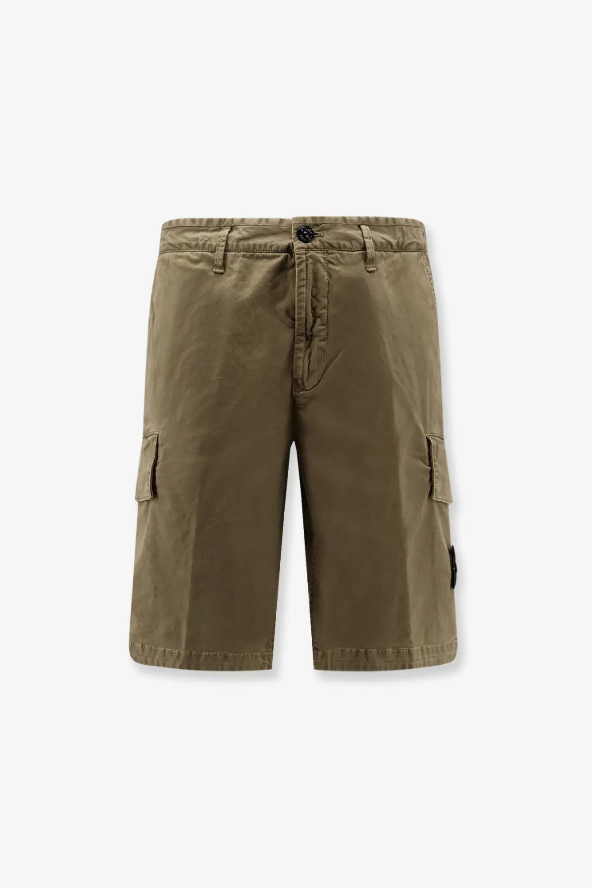 Stone Island men’s organic cotton shorts green with khaki cargo design side pockets and black button closure
