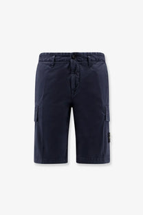 Stone Island men’s organic cotton stretch cargo shorts in dark navy with relaxed fit and side pockets
