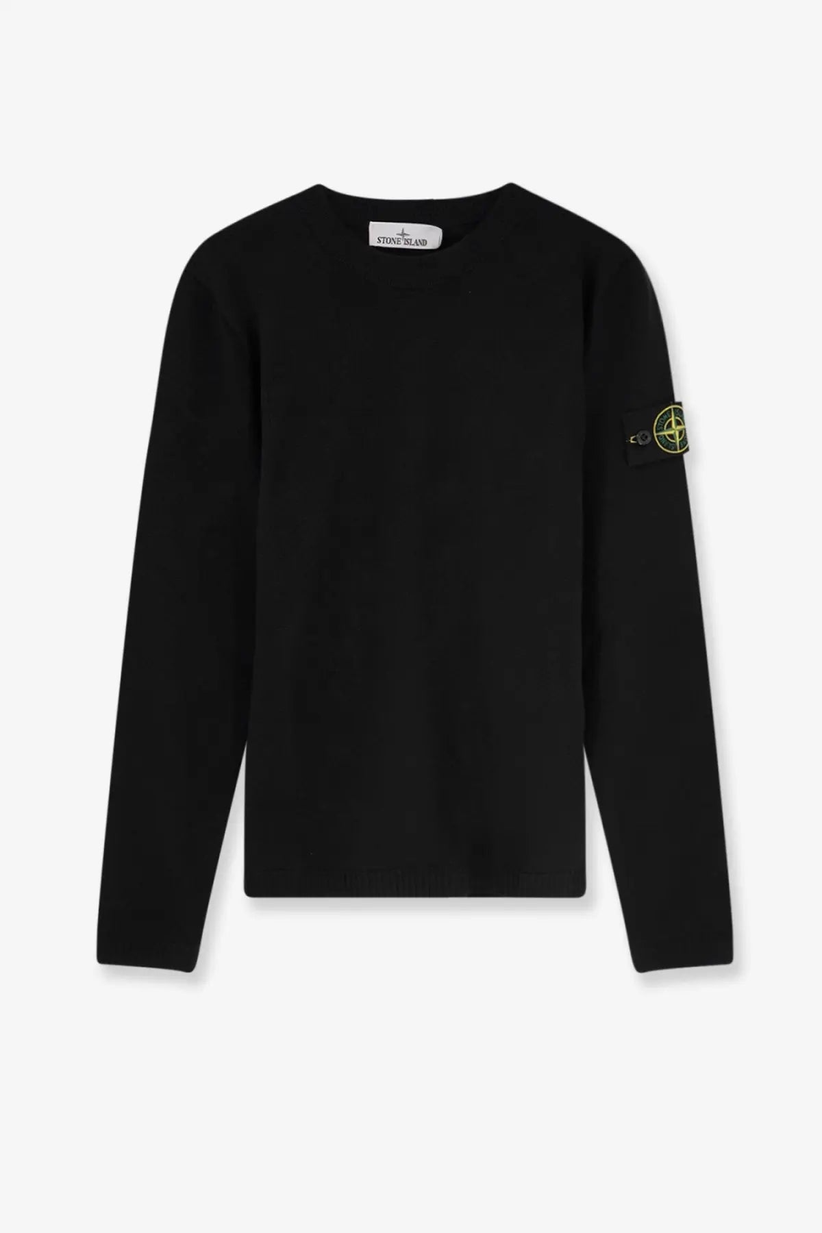 Stone Island men’s black organic cotton sweater with long sleeves, crewneck, subtle yellow logo patch on left sleeve