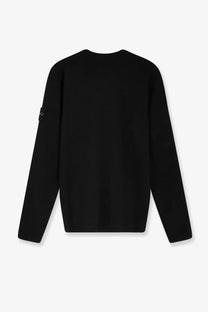 Stone Island men’s black long-sleeved organic cotton sweater with subtle texture and logo patch on left sleeve