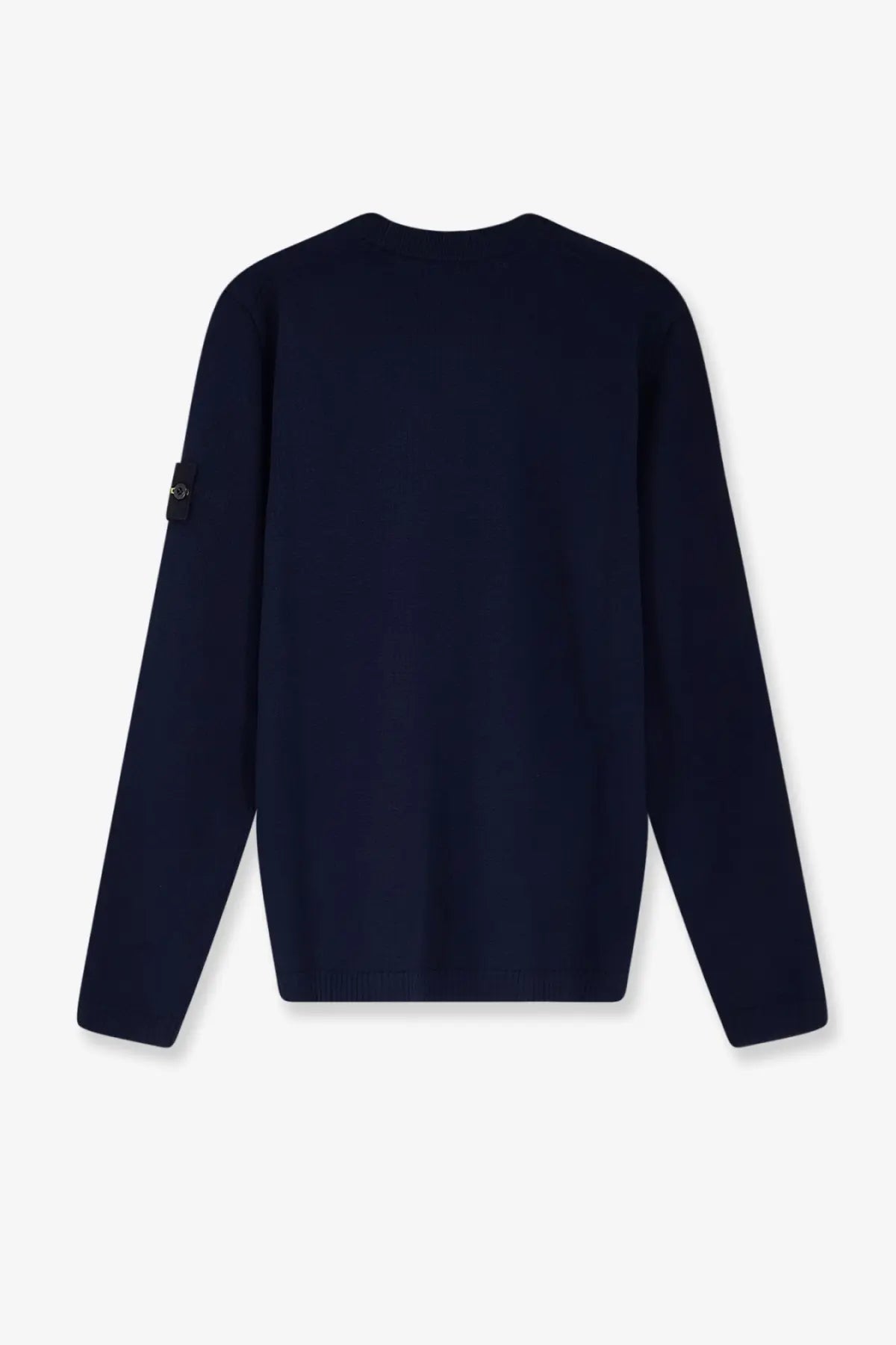 Stone Island men’s organic cotton sweater in dark navy blue with long sleeves and logo patch on left sleeve