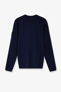 Stone Island men’s organic cotton dark navy blue knit sweater with ribbed hem cuffs and logo patch on left sleeve