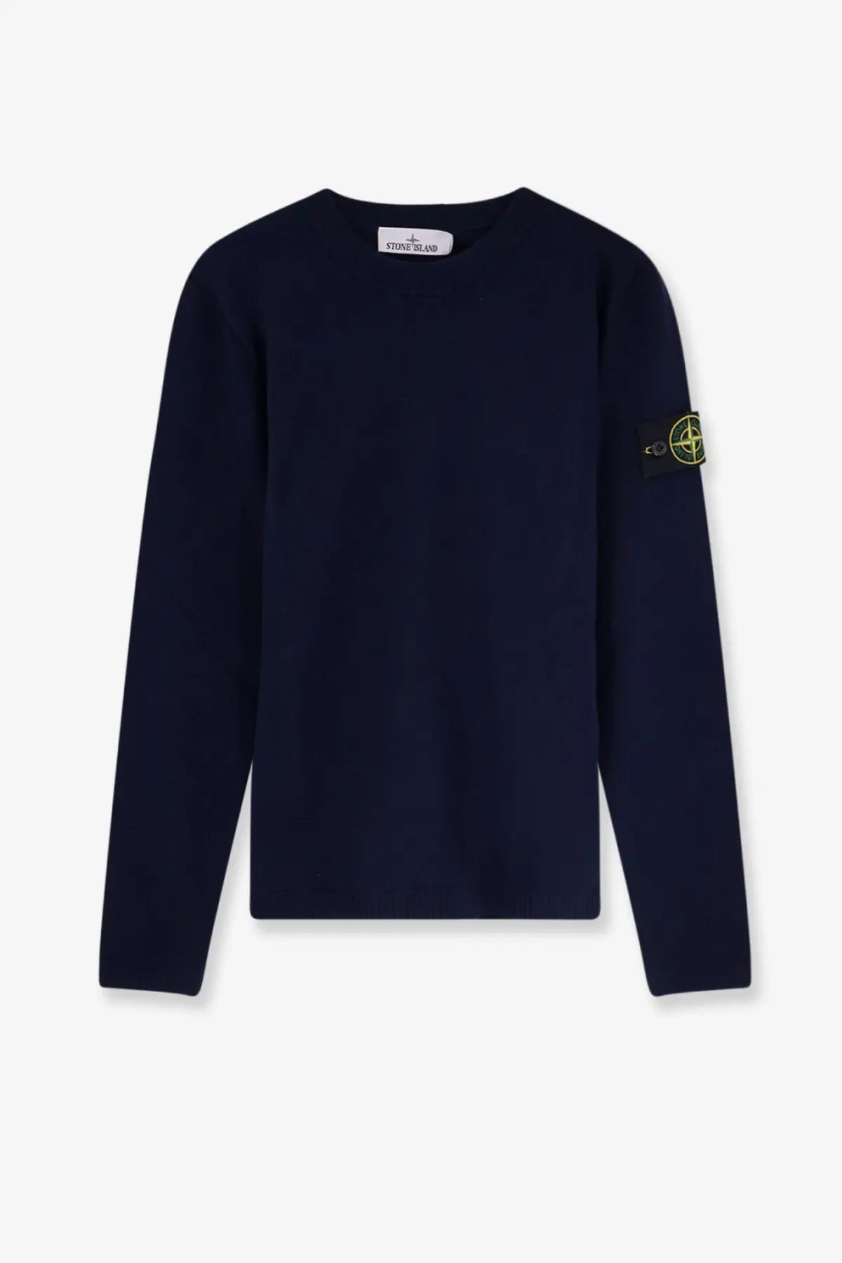 Stone Island men’s navy blue long-sleeved crew neck organic cotton sweater with yellow logo patch on the left sleeve