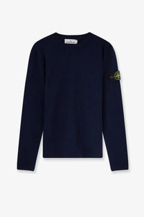 Stone Island men’s navy blue long-sleeved crew neck organic cotton sweater with yellow logo patch on the left sleeve