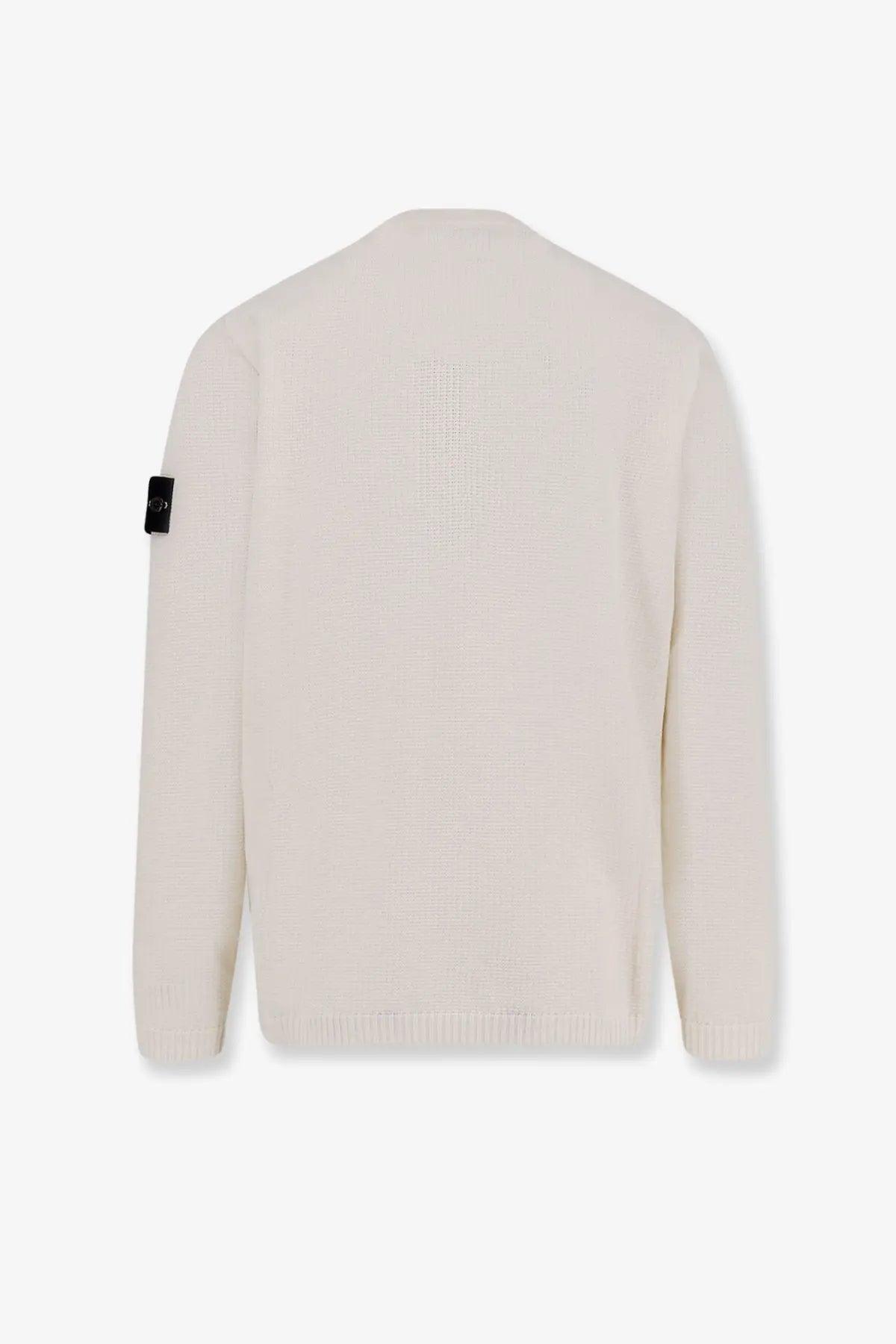Stone Island men’s cream organic cotton knitted sweater with ribbed texture and black patch on left sleeve