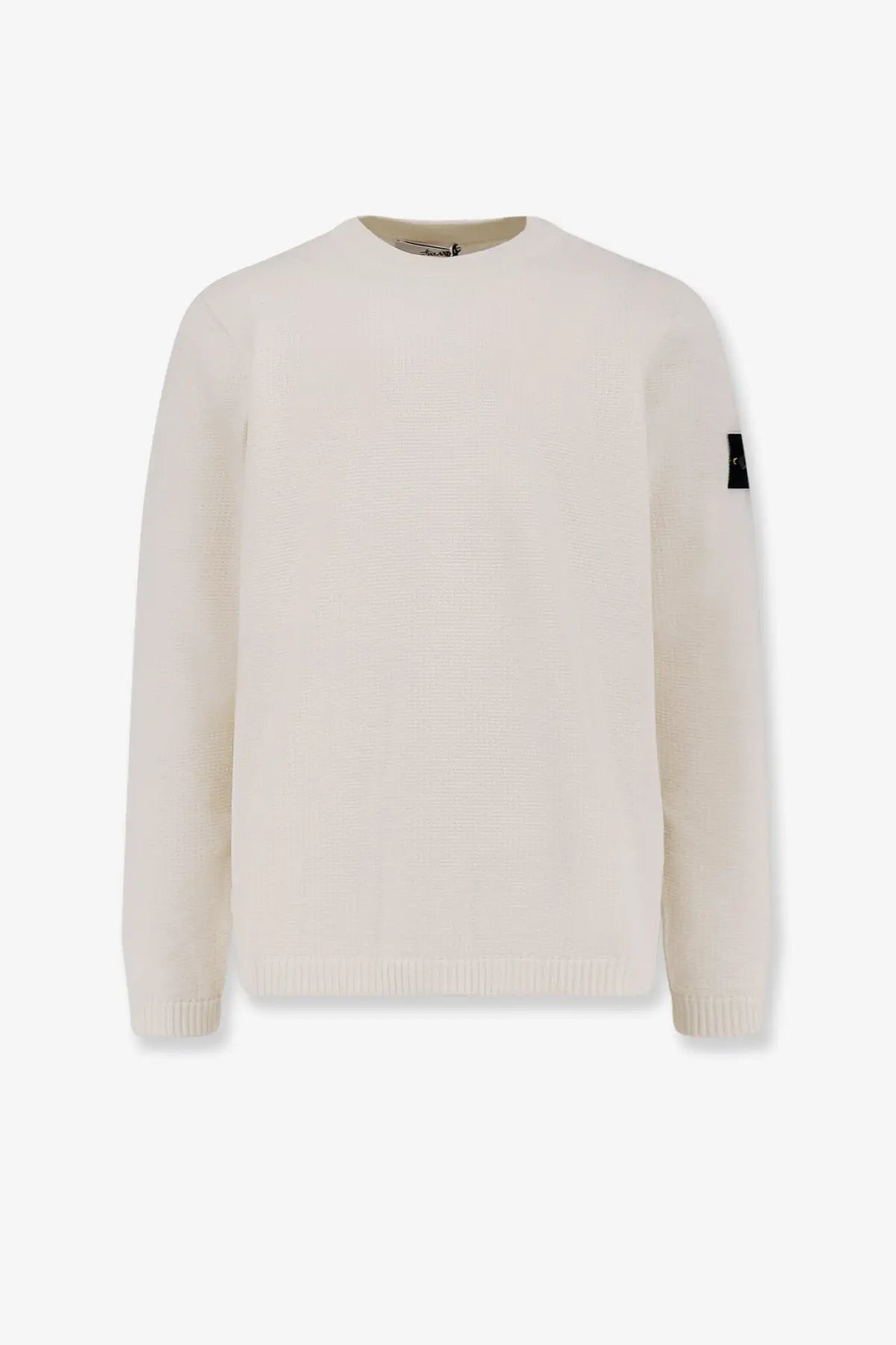 Stone island mens organic cotton cream ribbed knit sweater with black patch on left sleeve