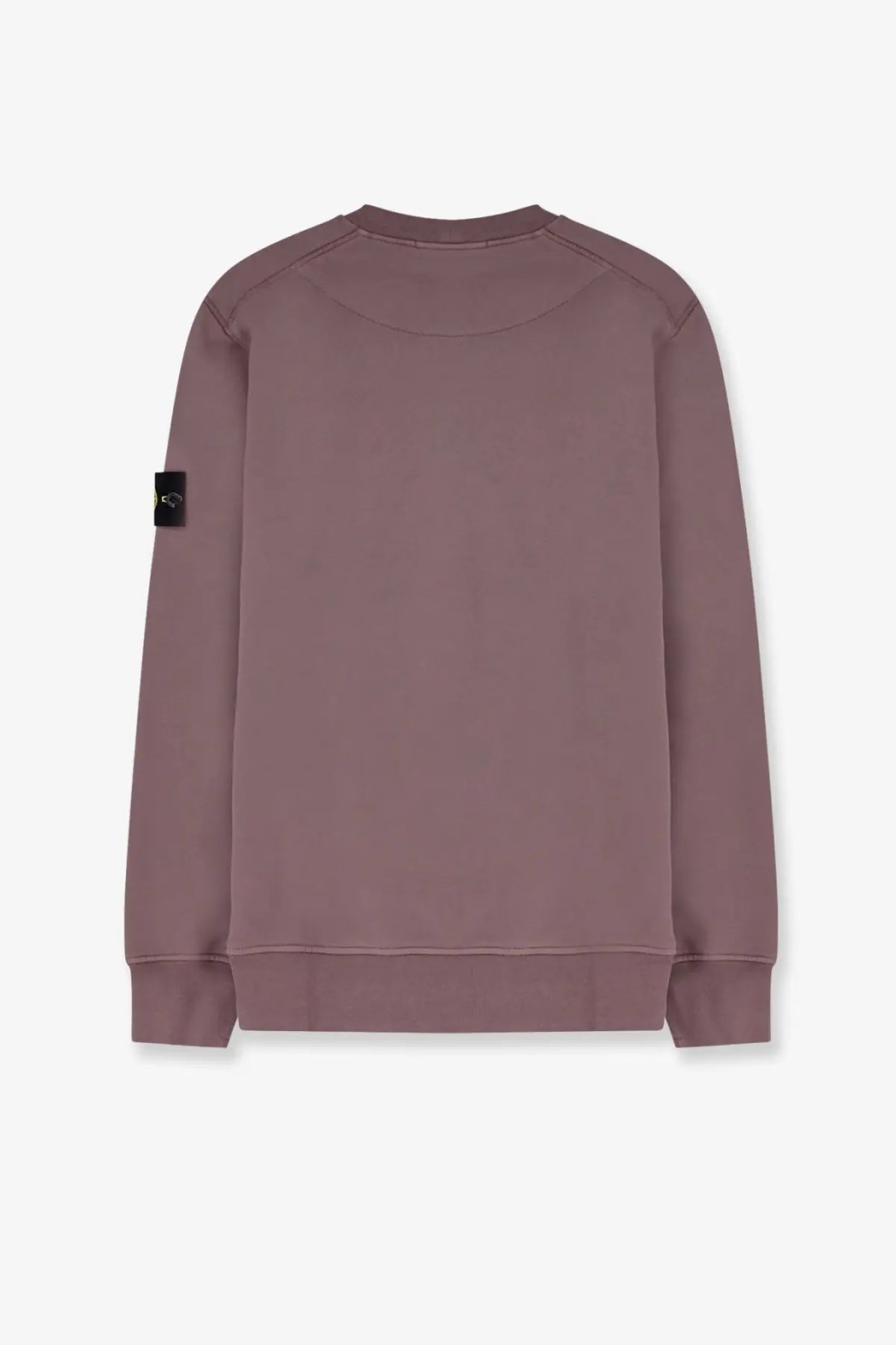 Stone Island men’s organic cotton sweatshirt grey in muted mauve with ribbed hem cuffs and black patch on left sleeve