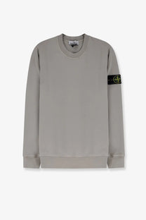 Stone Island men’s organic cotton gray sweatshirt with black sleeve patch and yellow compass logo