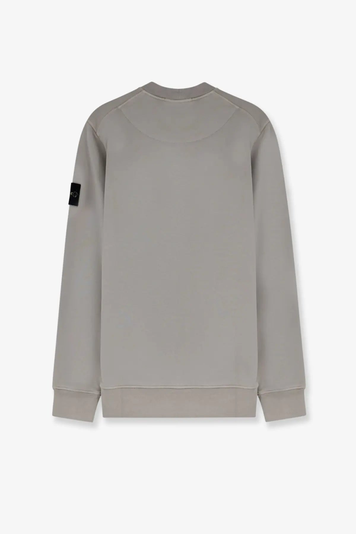 Stone island men’s organic cotton gray crewneck sweatshirt with black rectangular patch on left sleeve