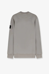 Stone island men’s organic cotton gray crewneck sweatshirt with black rectangular patch on left sleeve
