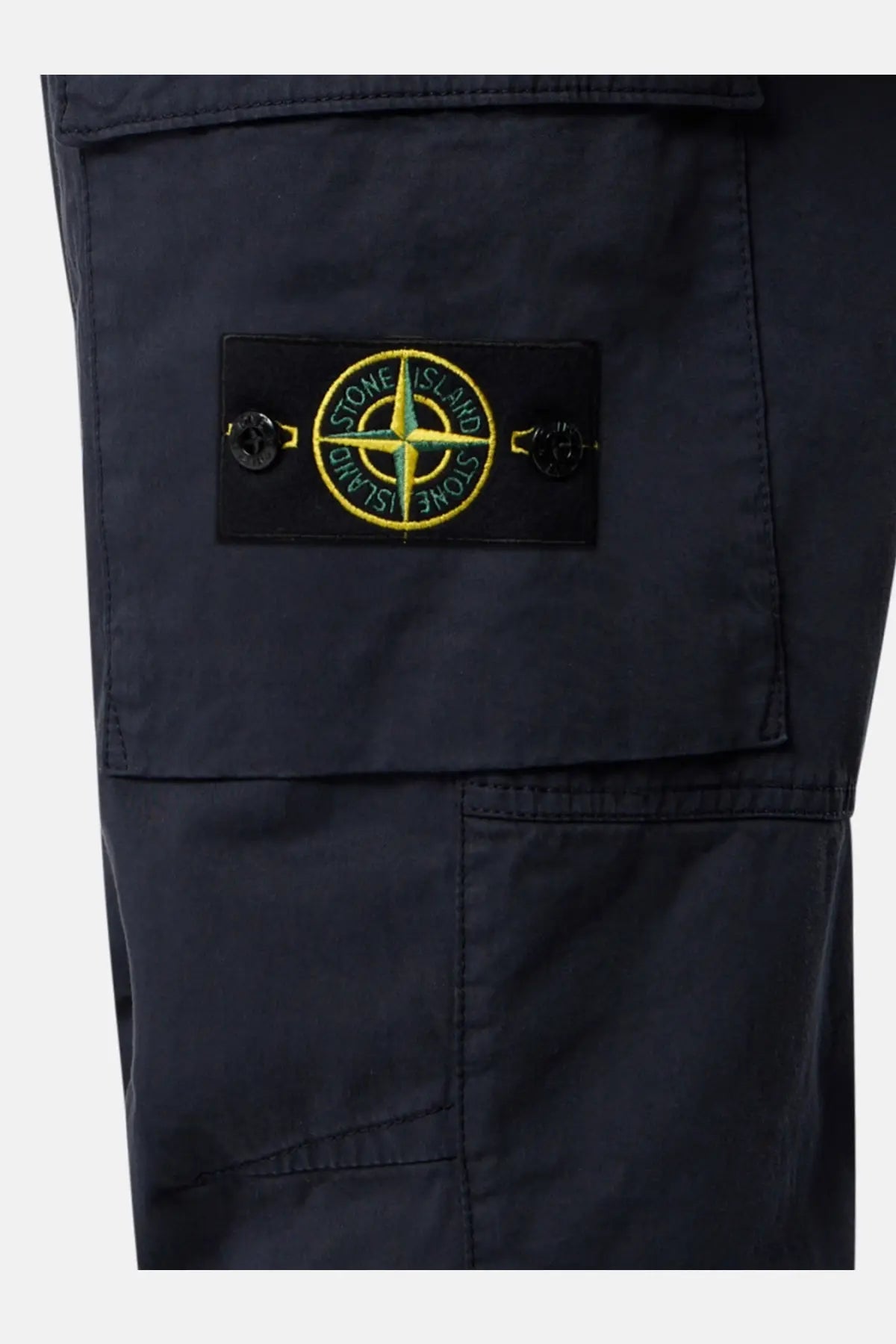 Stone Island men’s organic cotton dark navy cargo pants with black patch and yellow embroidered compass logo