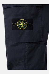 Stone Island men’s organic cotton dark navy cargo pants with black patch and yellow embroidered compass logo