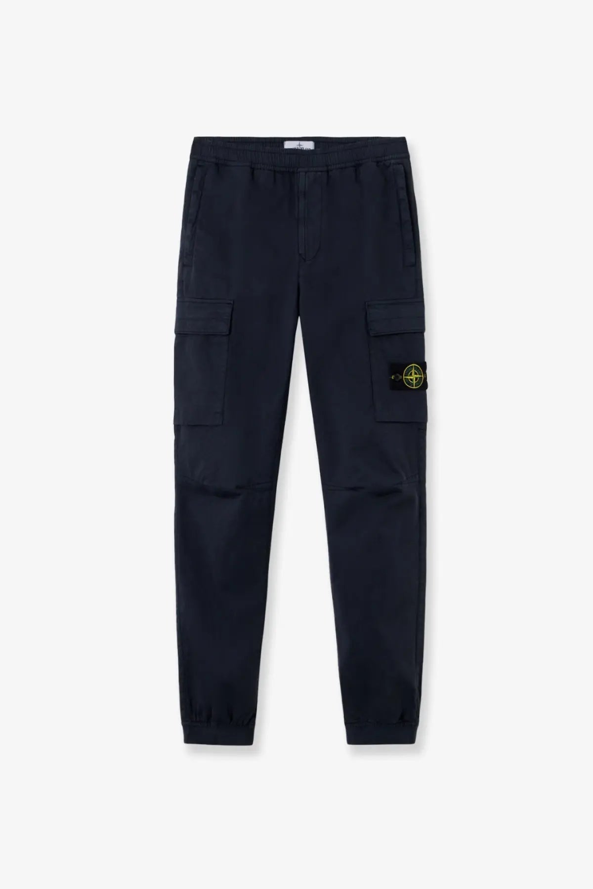 Stone Island men’s organic cotton dark navy cargo trousers with drawstring waist elastic cuffs and yellow logo patch