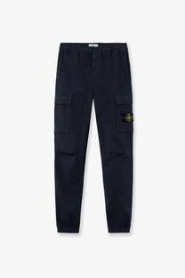 Stone Island men’s organic cotton dark navy cargo trousers with drawstring waist elastic cuffs and yellow logo patch