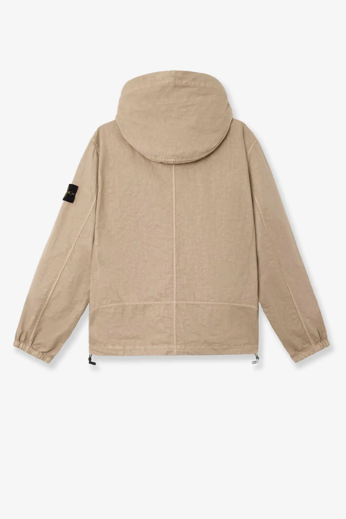 Stone Island men’s beige hooded organic look nylon panama tc jacket with black logo patch on left sleeve