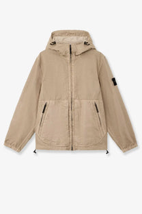 Stone Island men’s beige hooded nylon panama jacket with black zipper accents and a black sleeve patch