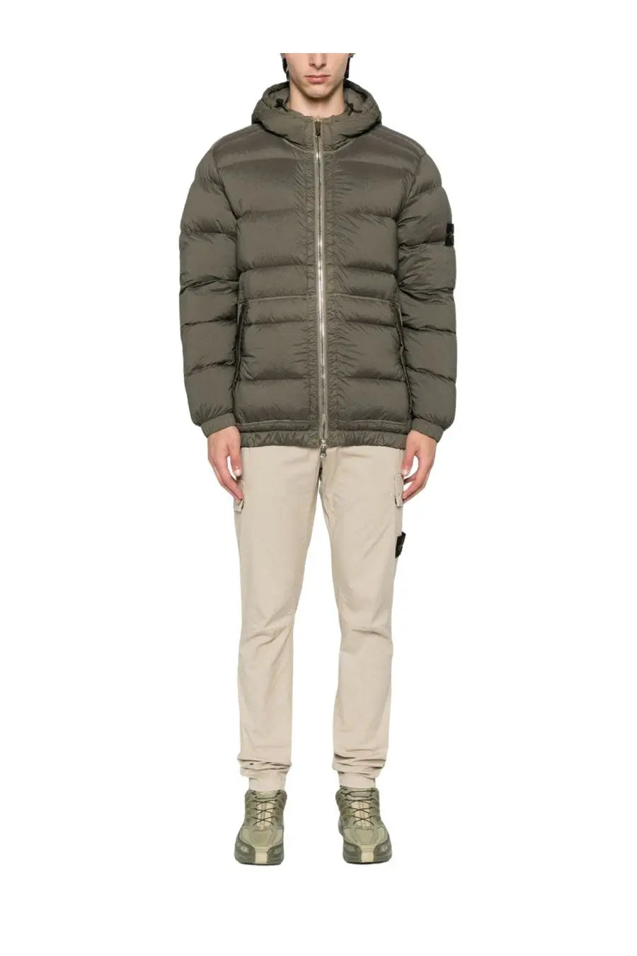 Stone island men’s padded down jacket in olive green with quilted design and hood for cold weather
