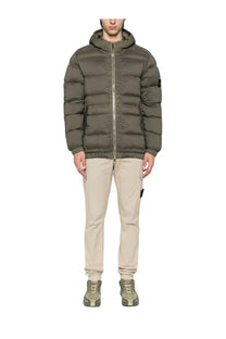 Stone island men’s padded down jacket in olive green with quilted design and hood for cold weather