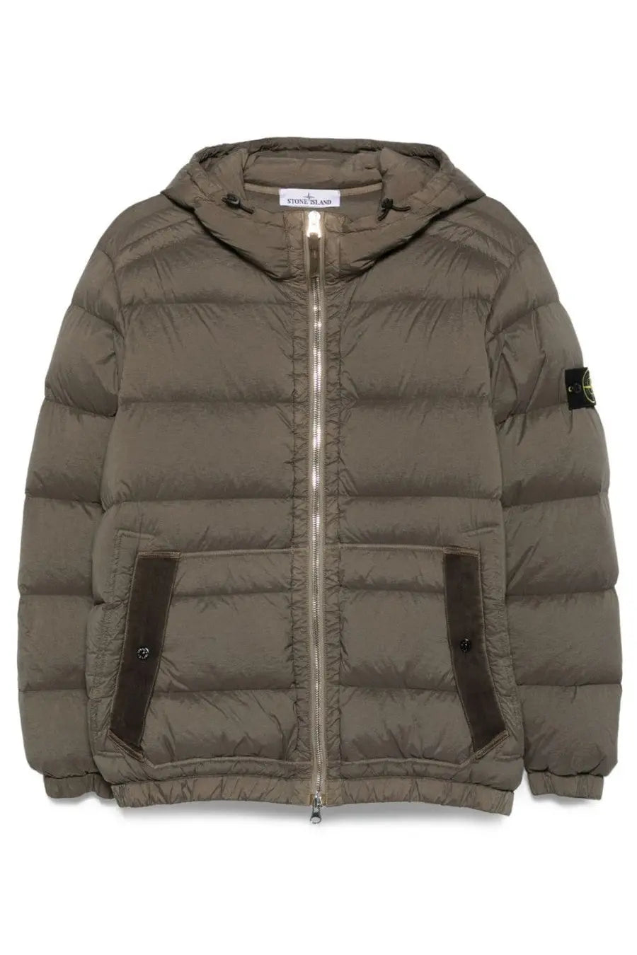 Stone Island men’s padded down jacket in olive green with hood and dark brown fabric accents on front pockets