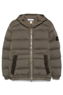 Stone Island men’s padded down jacket in olive green with hood and dark brown fabric accents on front pockets
