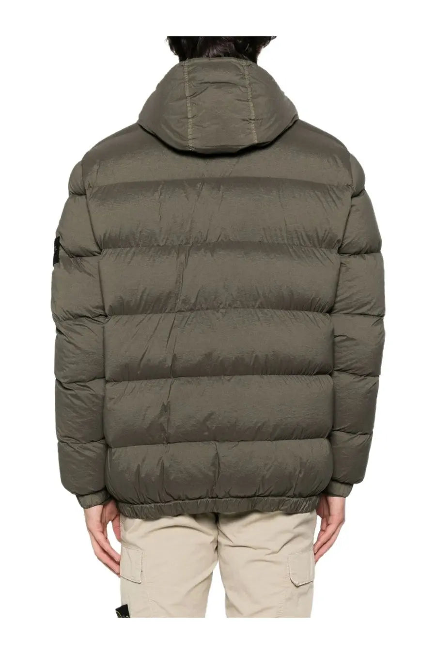 Stone Island men’s olive green padded down jacket with horizontal stitching and hood, front view