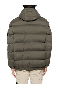 Stone Island men’s olive green padded down jacket with horizontal stitching and hood, front view