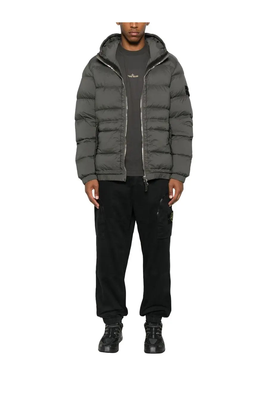 Stone island men’s dark gray padded down jacket with hood and quilted design for cold weather wear