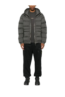 Stone island men’s dark gray padded down jacket with hood and quilted design for cold weather wear