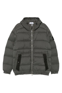 Stone island men’s grey padded down jacket with hood black fabric pocket accents and front zipper closure