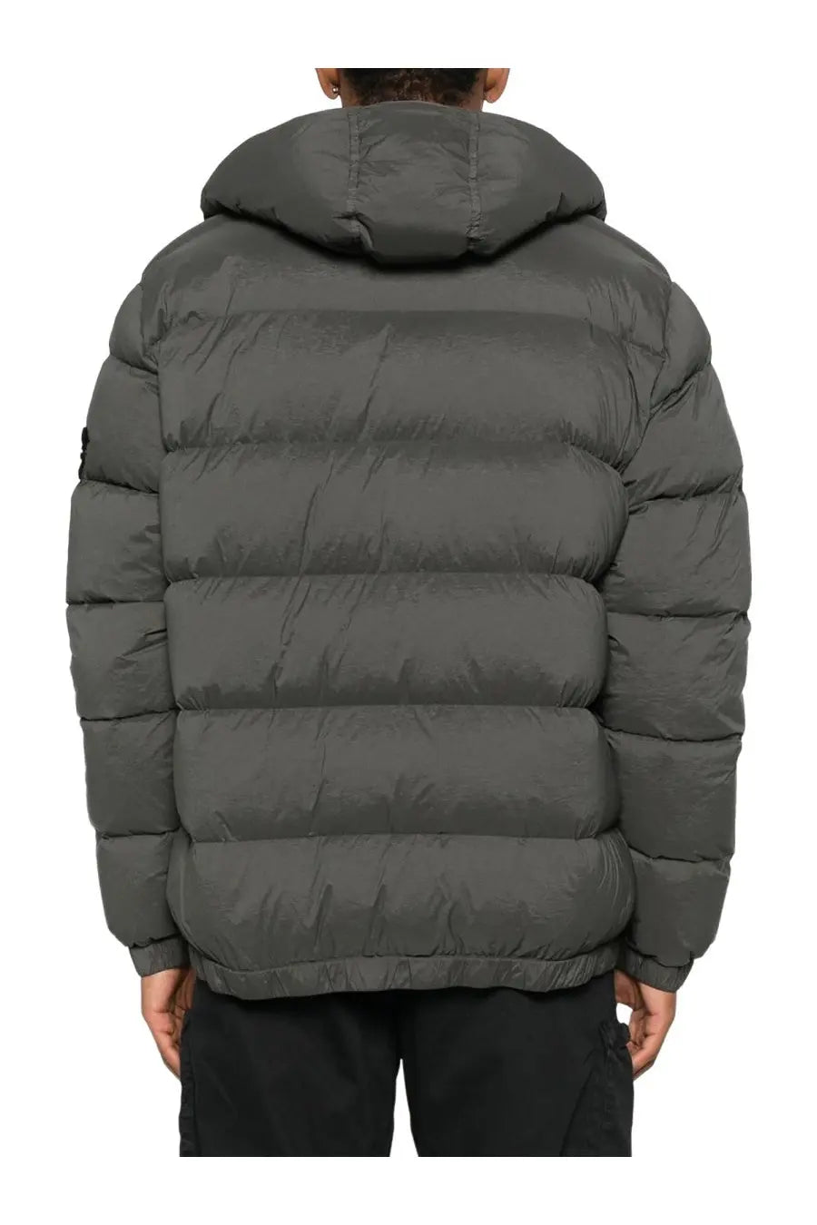Stone Island men’s padded down jacket grey with dark gray horizontal quilted panels and a hood