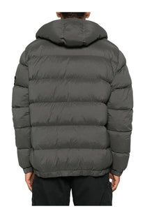 Stone Island men’s padded down jacket grey with dark gray horizontal quilted panels and a hood