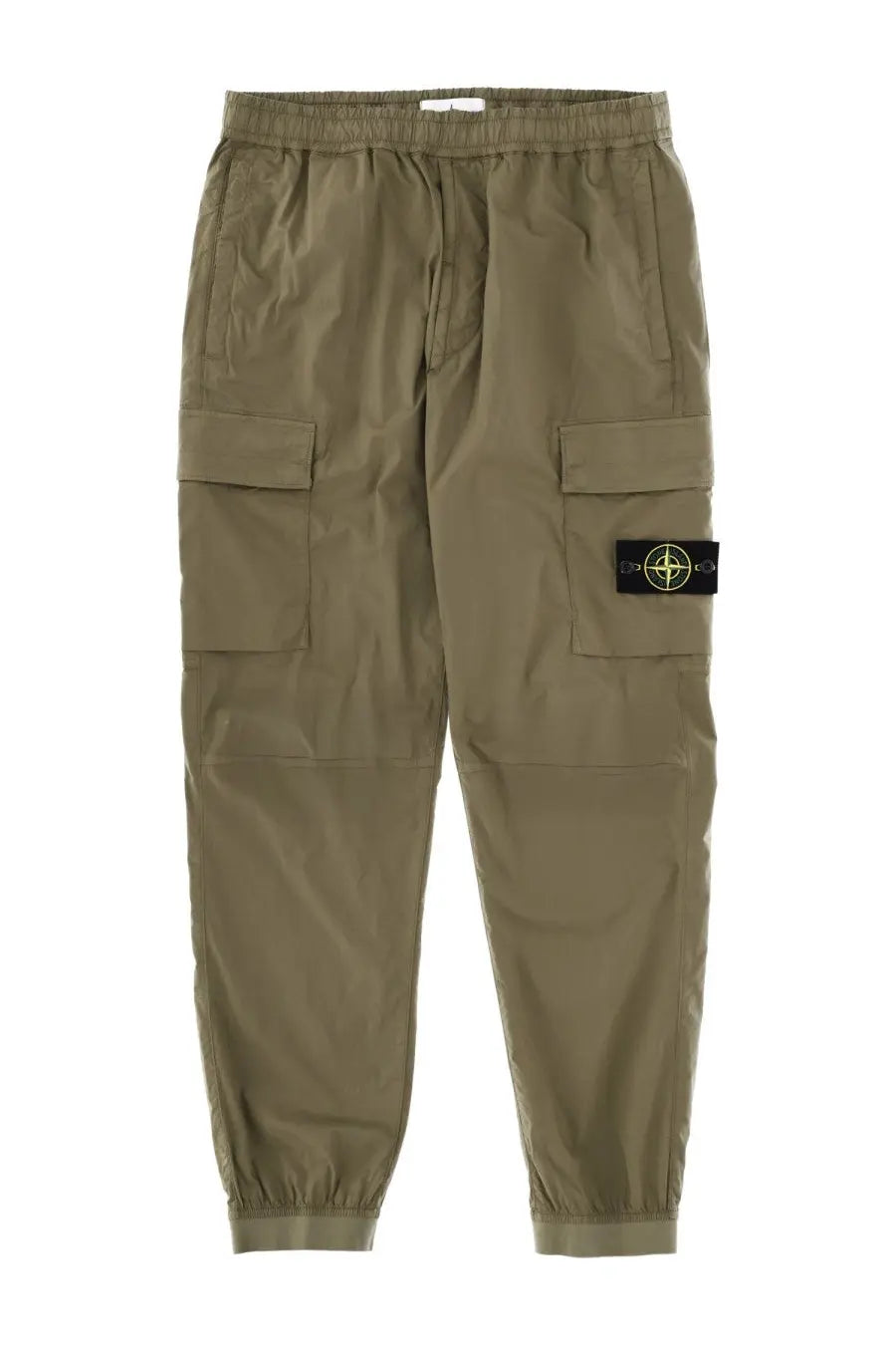 Stone Island men’s olive green cargo pants with black logo patch on thigh in parachute green color