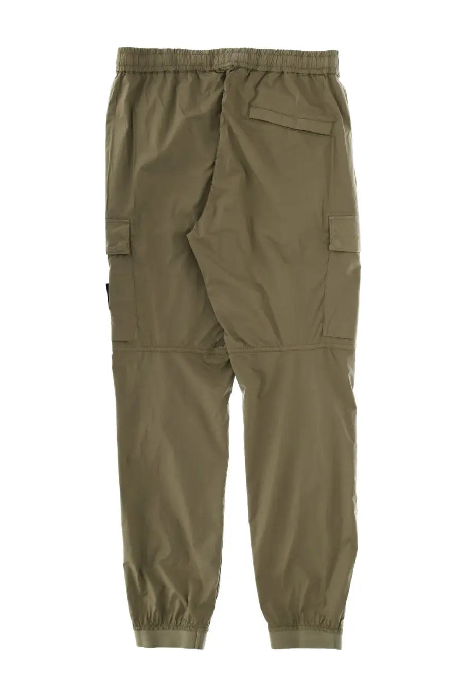 Stone island men’s olive green cargo pants with elastic waistband drawstring multiple pockets and tapered cuffs