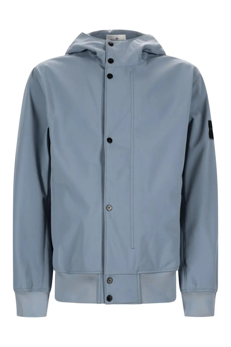 Stone island men’s light blue hooded parka with black buttons and small black sleeve patch