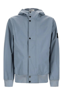 Stone island men’s light blue hooded parka with black buttons and small black sleeve patch