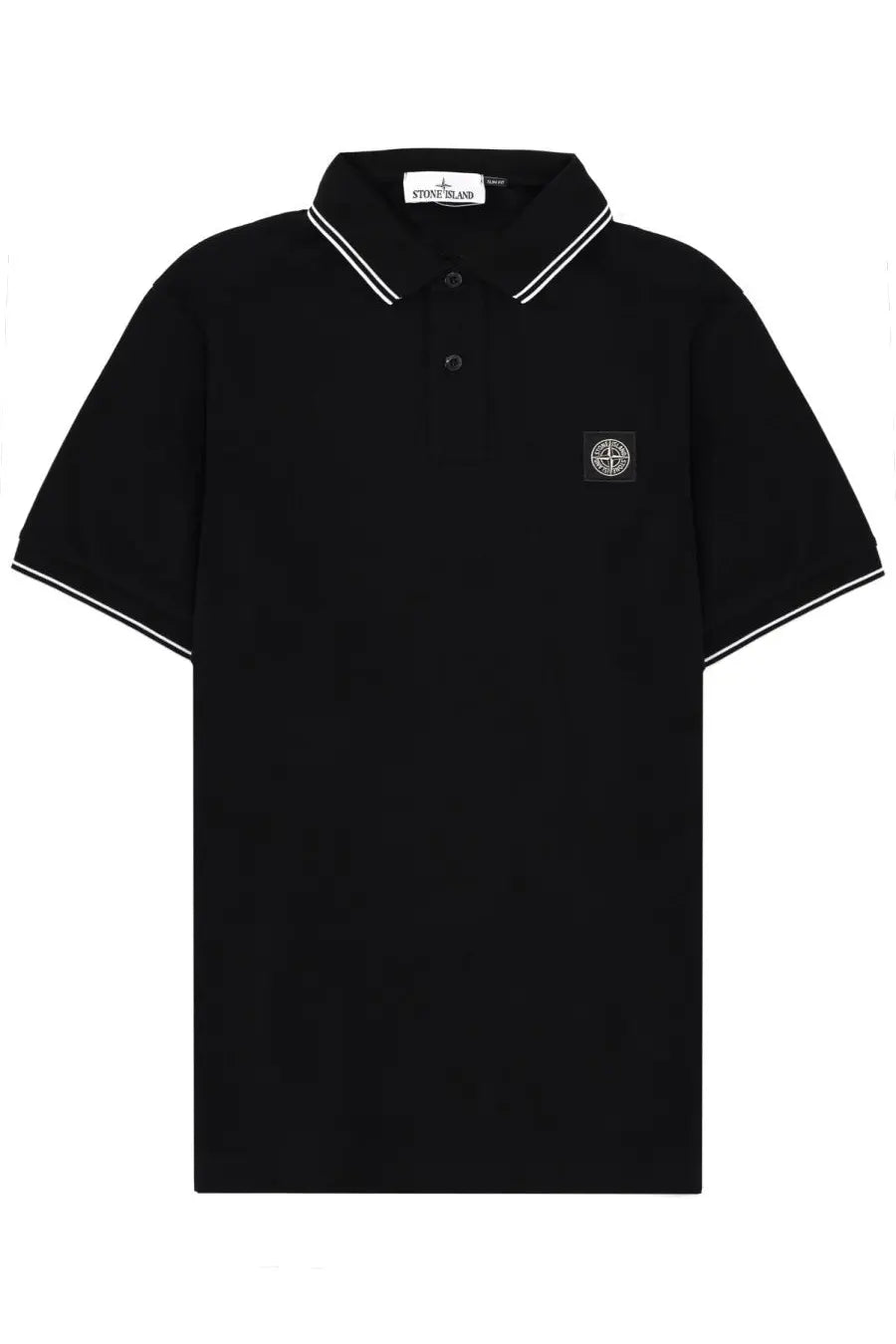 Stone Island men’s black polo shirt with white contrast trim and small embroidered logo patch on the chest