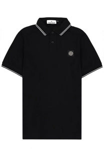Stone Island men’s black polo shirt with white contrast trim and small embroidered logo patch on the chest
