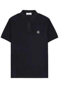 Stone Island men’s polo blue with subtle textured black stone fabric and small embroidered chest logo