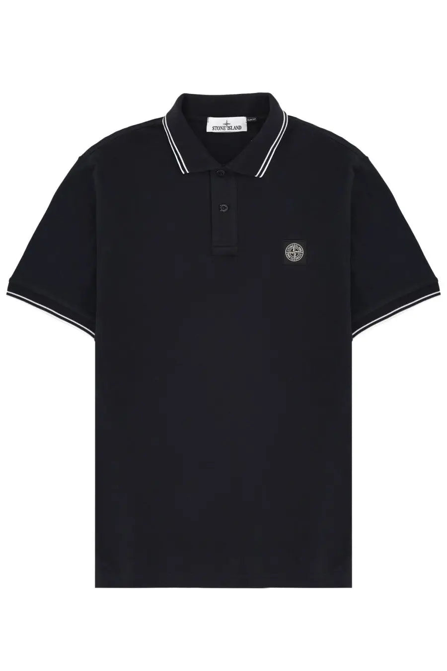 Stone island men’s black polo shirt with white contrast trim on collar and sleeves and embroidered chest logo patch